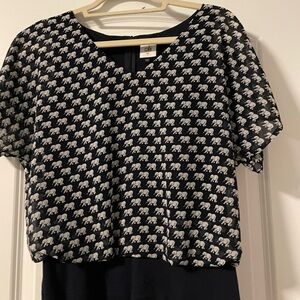 CAbi Navy and White Elephant Pattern Blouse